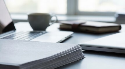 Office productivity setup workspace photograph indoor close-up organizing papers and technology for enhanced focus and efficiency