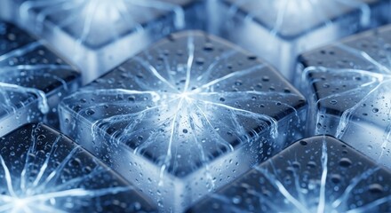 Macro ice cubes create a captivating abstract design with glistening droplets and cracks