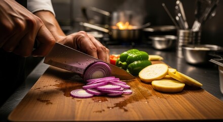 Culinary artist precision cutting fresh vegetables in a professional kitchen setup for a