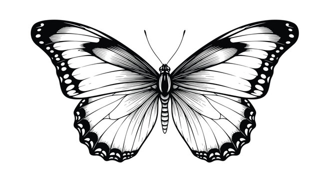 Detailed black and white line art illustration of a butterfly with intricate patterns on its wings isolated on white.