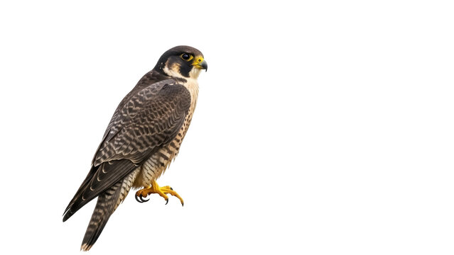Isolated Peregrine Falcon bird of prey, majestic raptor, perched on its talons, eye focus