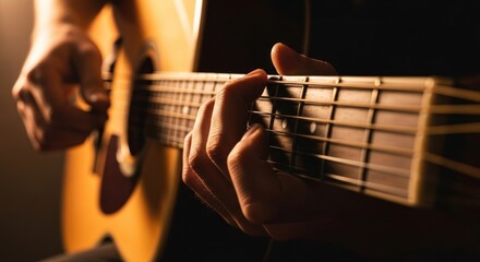 Acoustic guitar playing with fingers pressing down on strings creating a musical composition