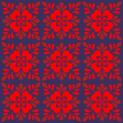 Red Floral Ornament Seamless Pattern on Purple Background