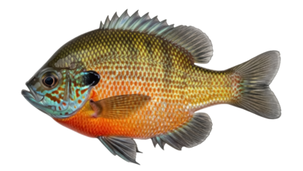 Isolated colorful sunfish on background, pumpkinseed fish closeup, freshwater angling