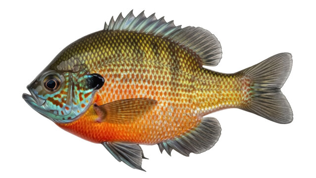 Isolated colorful sunfish on background, pumpkinseed fish closeup, freshwater angling