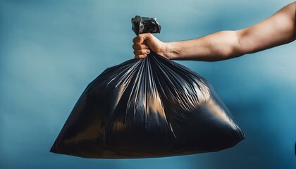 Hand holding a full black garbage bag against a blue background