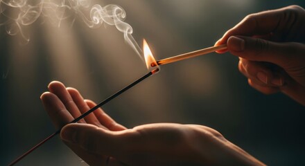Illuminating serenity hands ignite incense releasing fragrant smoke into soft light ambiance