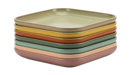 Isolated stack of square plates in shades of brown, tan, green, yellow, and orange colors