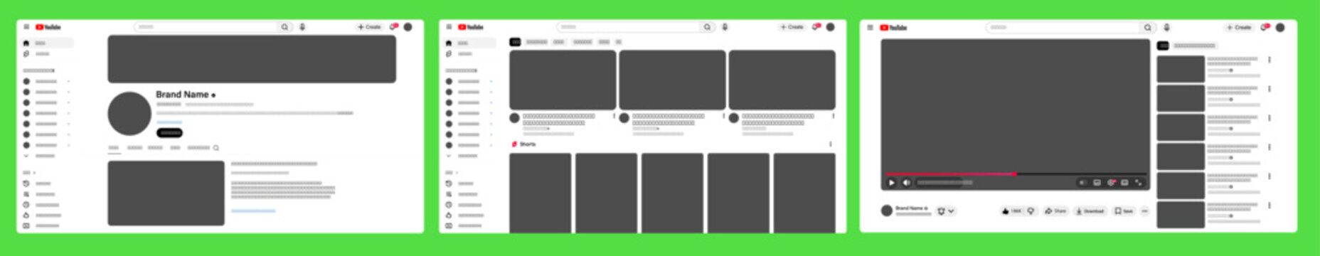 YouTube interface mockup showing video feed, channel layout, and player screen in modern smartphone template, Editorial vector file