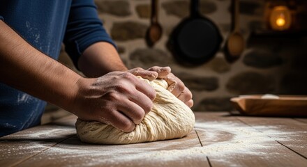 Baking tradition: Human hands kneading dough on rustic wooden table in warm kitchen