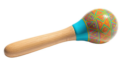 Isolated maraca with bright, colorful, hand-painted geometric patterns and wood handle