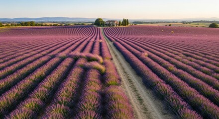 Endless lavender fields stretching towards a distant farmhouse in the serene countryside