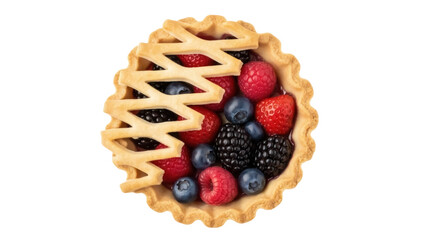 Isolated mixed berry tart, delicious dessert featuring ripe raspberries, blueberries, blackberry