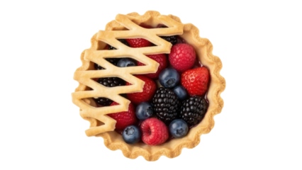 Isolated mixed berry tart, delicious dessert featuring ripe raspberries, blueberries, blackberry