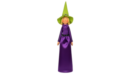 Isolated Halloween figure of a witch with green hat and purple gown costume, full shot