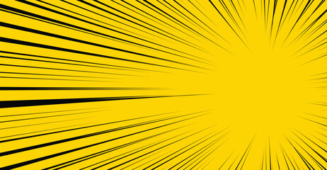 Bright yellow background with dynamic black radial lines creating a comic book speed burst effect.