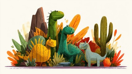 Colorful cartoon illustration of various dinosaurs among plants and landscape