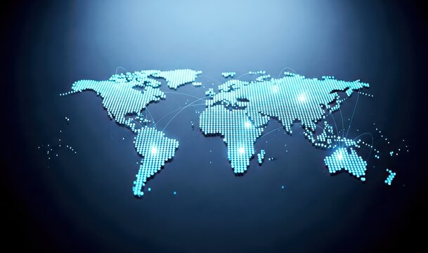 A digital illustration of a world map made up of small blue dots on a dark background with a spotlight shining down. - Powered by Adobe
