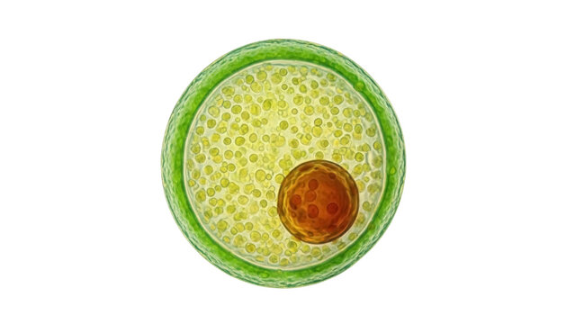Isolated Volvox globator algae colony, spherical green alga with daughter colonies, detailed biology
