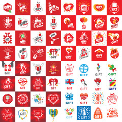 Set of "Gift Inside" and "Gift with Love" Logos with Gift Boxes and Hearts