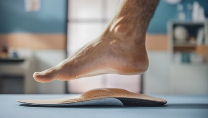 Close up of a human foot stepping onto an orthotic insole for foot support