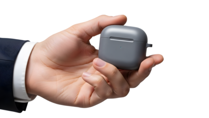 hand holding wireless earbuds case