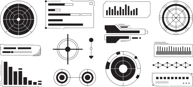 Collection of abstract futuristic sci fi data visualization elements and targeting reticles