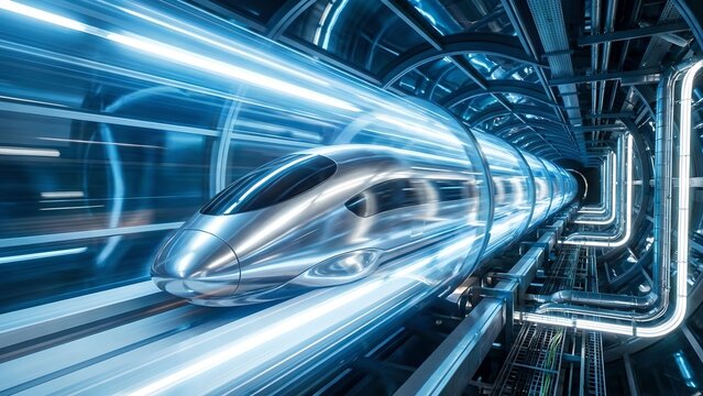 Futuristic hyperloop transport pod in a high tech tunnel