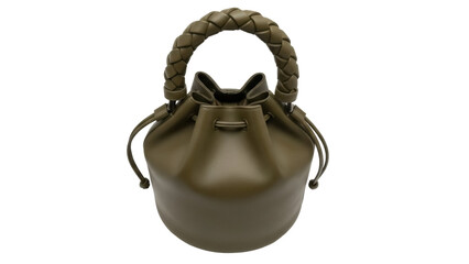 Isolated mossy-green drawstring bucket bag with top-braided handle, fashion accessory on display