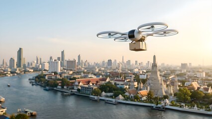 Autonomous delivery drone flying over modern city skyline