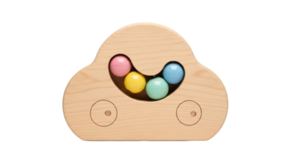 Isolated wooden toy car with colorful beads inside, designed for babies and toddlers