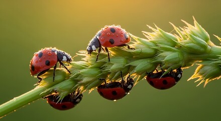 Close-up of vibrant red ladybugs covered in morning dew on a green plant stem at golden hour