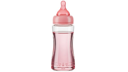 Isolated glass baby bottle with pink liquid; clear bottle, nipple, pink accents, modern style