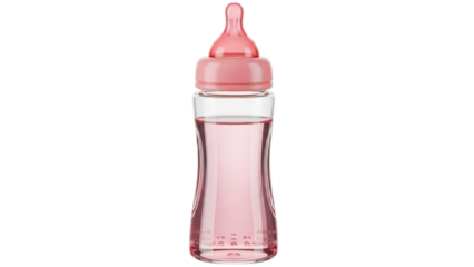 Isolated glass baby bottle with pink liquid; clear bottle, nipple, pink accents, modern style