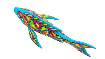 Isolated brightly colored fish sculpture with geometric patterns for decoration, fun design