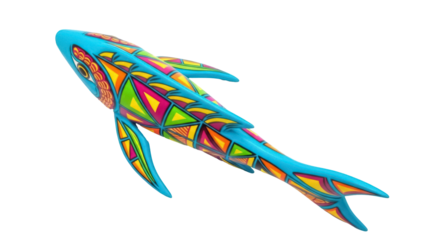 Isolated brightly colored fish sculpture with geometric patterns for decoration, fun design