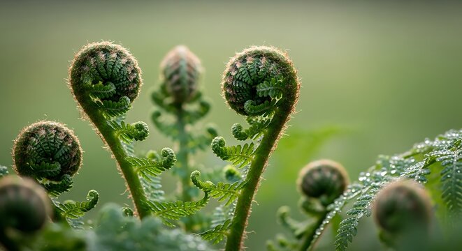 Close-up of vibrant green fern fiddleheads unfurling in a peaceful natural environment with