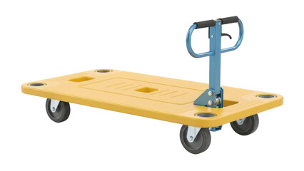 Isolated yellow platform trolley cart, material handling equipment and warehouse transportation