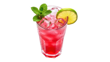 Isolated red beverage with ice cubes, mint garnish, and a lime slice on the rim of glass