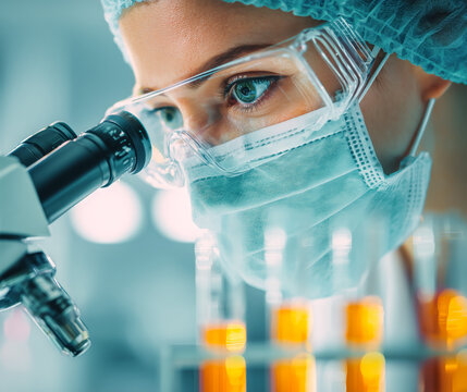 Close-up of a female lab technician wearing safety gear and a surgical mask using a microscope with test tubes visible in foreground.