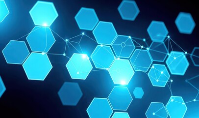 A futuristic network of glowing blue hexagons connected by lines on a dark background