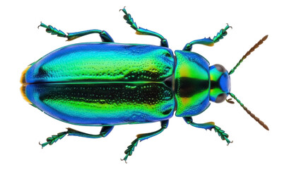 Isolated iridescent jewel beetle, bright insect with green, yellow, and blue scales