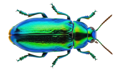 Isolated iridescent jewel beetle, bright insect with green, yellow, and blue scales
