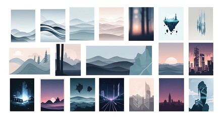 A captivating collection of minimalist vector art illustrations showcasing serene landscapes and