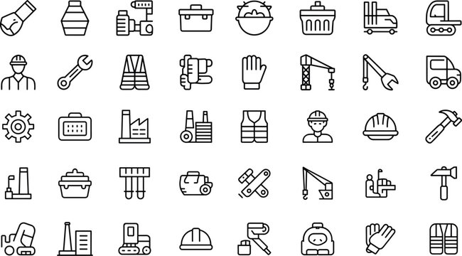 Industrial construction tools and worker safety equipment vector illustration set isolated