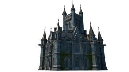 Isolated old dark fantasy castle with Gothic architecture, fairytale structure, ancient kingdom