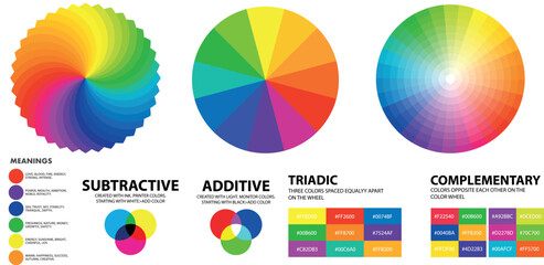 Circular Color Theory Diagram Showing Full Spectrum Gradient and Harmony Combinations, Multicolor Radial Palette Vector Illustration