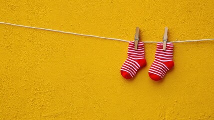 Two red striped socks with white horizontal patterns hang side by side on a vibrant yellow wall,