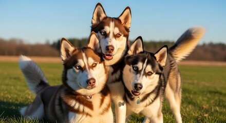 A joyful trio of Siberian huskies with striking eyes posing together in a vibrant green field