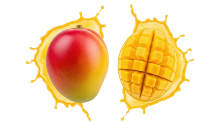 Ripe whole and half mangoes with scored golden flesh, enveloped by explosive golden-yellow juice splash on transparent background, studio lit, close-up. Concept for fruit juice advertising